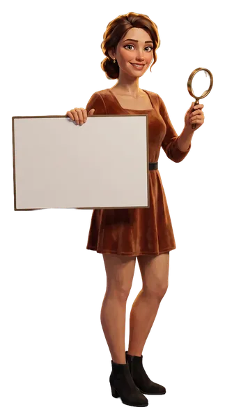 Clara Novak holding a board and a magnifying glass: Opened to the public June 10, 2004